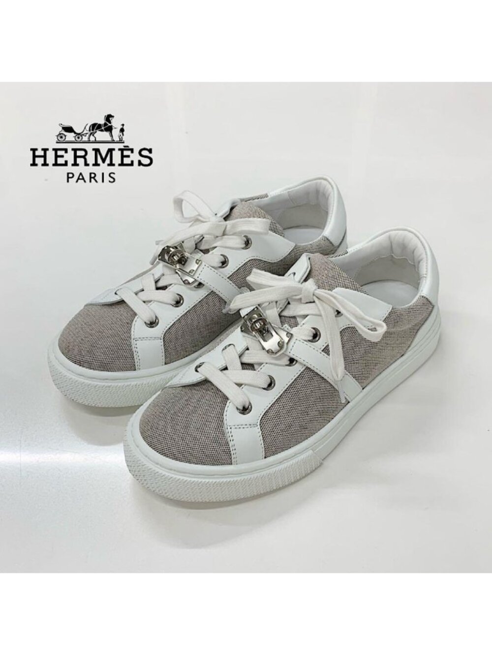 Hermes Day Kelly Fabric Leather Sneakers Gray White